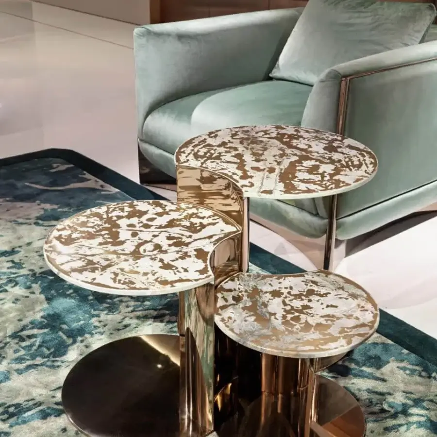 Distinguished Visionnaire Ca’ Foscari lounge chair with pale turquoise textile upholstery and sculpted polished stainless steel base