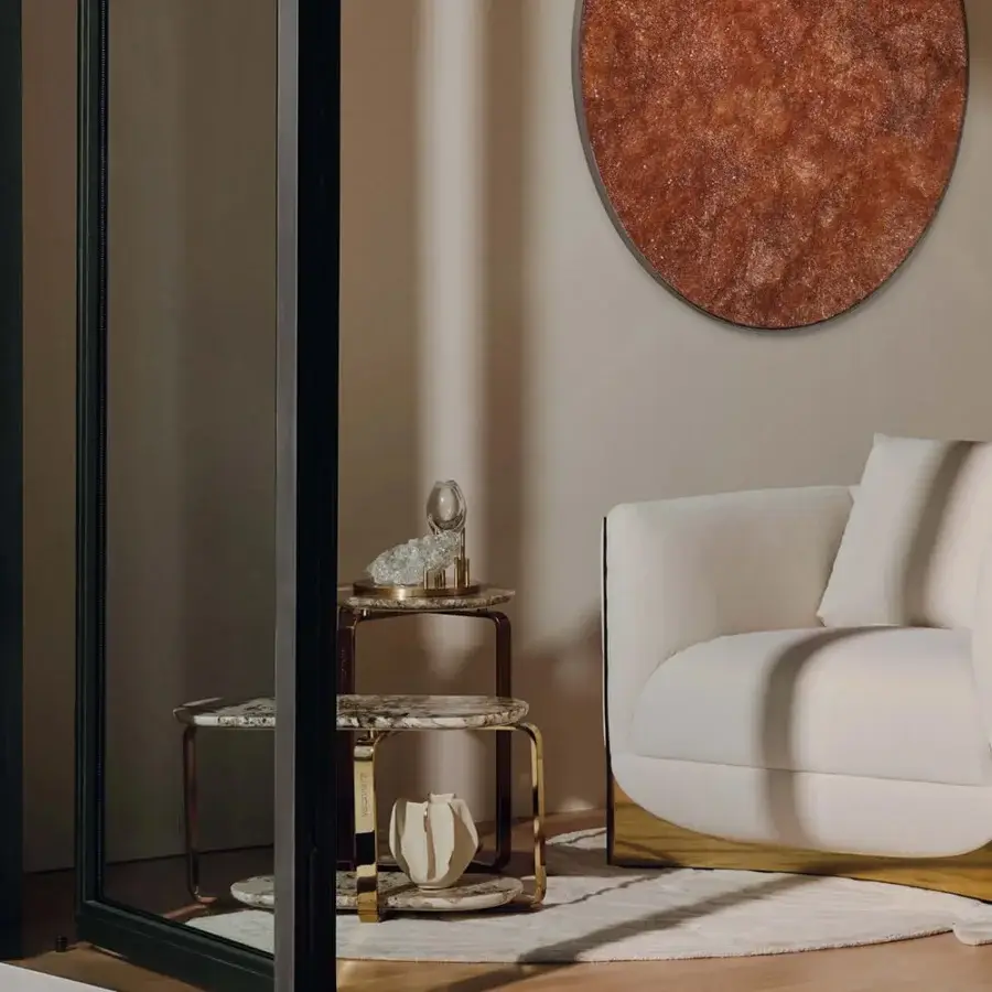 Distinguished Visionnaire Ca’ Foscari lounge chair in off-white textile with sculpted golden stainless steel and wood structure