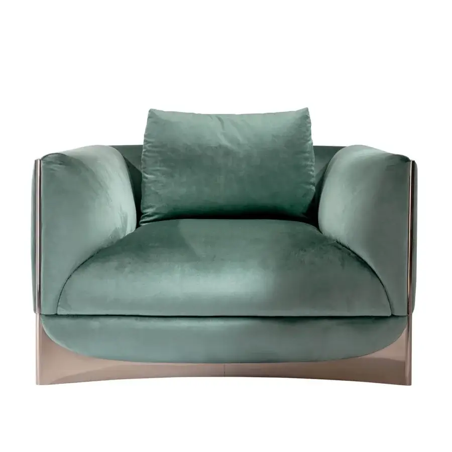 Exceptional Visionnaire Ca’ Foscari lounge chair with muted teal fabric upholstery and curved polished rose-gold stainless steel base