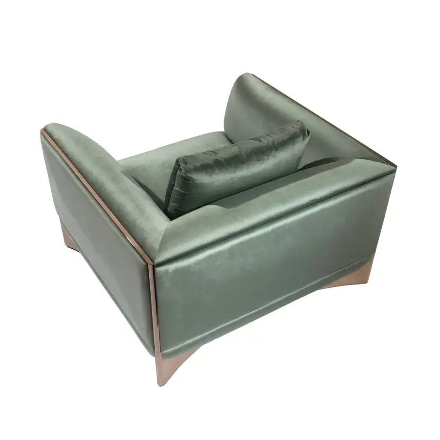 Harmonious Visionnaire Ca’ Foscari lounge chair with grayish-green fabric upholstery and polished stainless steel base construction