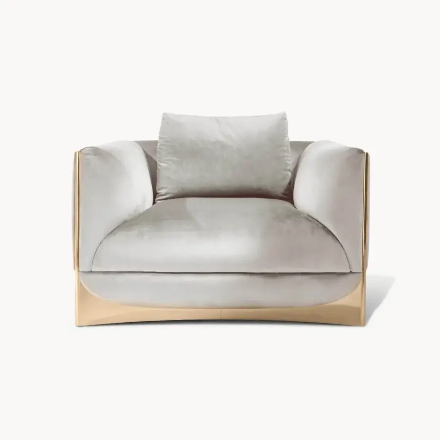 Lavish Visionnaire Ca’ Foscari lounge chair with light gray textile upholstery and polished stainless steel base