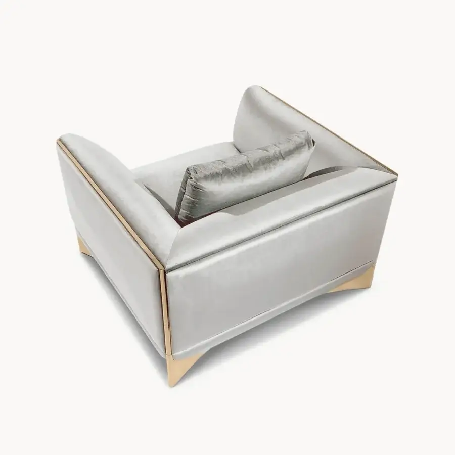 Distinguished Visionnaire Ca’ Foscari lounge chair with light gray textile upholstery and gilded stainless steel base