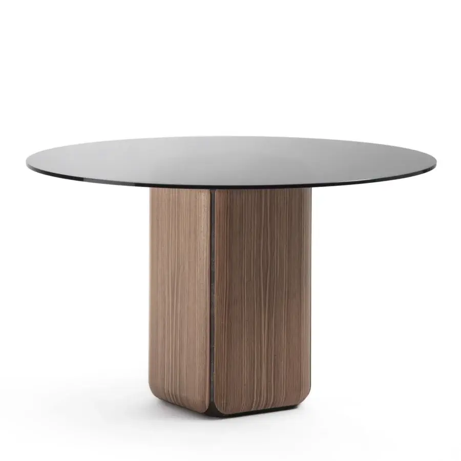 Exceptional Porada Bay round table with Canaletta walnut base and striking dark glass top in a glossy finish