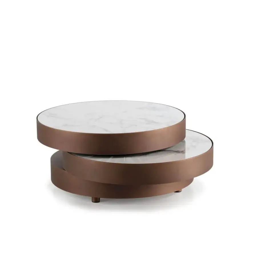 Distinguished Naos Aurum round coffee table with dual ceramic and painted metal tiers in warm bronze finish