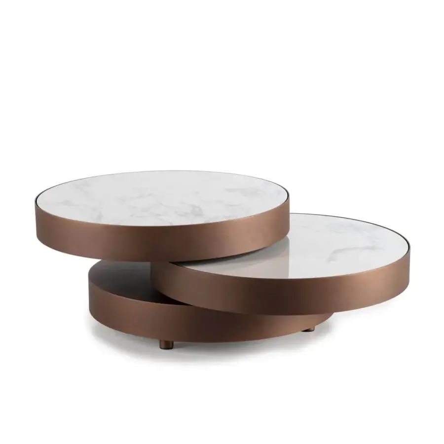 Elegant Naos Aurum round coffee table with white marble tops and bronze-toned painted metal frame