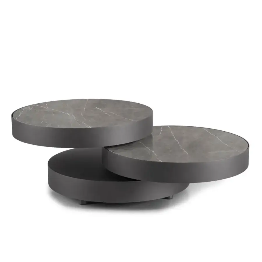 Distinguished Naos Aurum round coffee table with grey stone tabletops and dark grey matte metal base