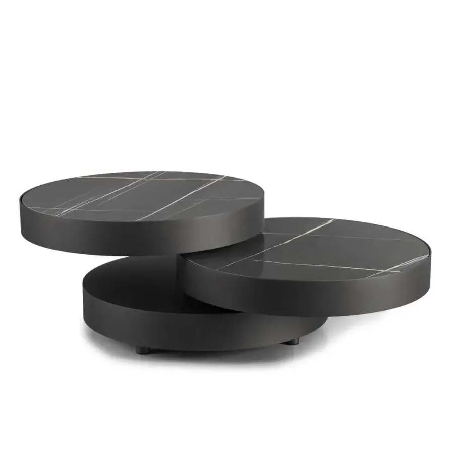 Superior Naos Aurum round coffee table with dark gray marble-effect ceramic tabletops and painted gray frame