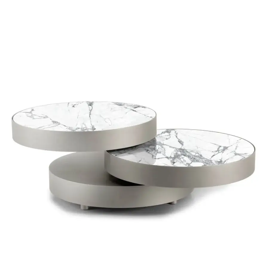 Exceptional Naos Aurum round coffee table with polished white marble-look ceramic tops and matte neutral gray painted frame