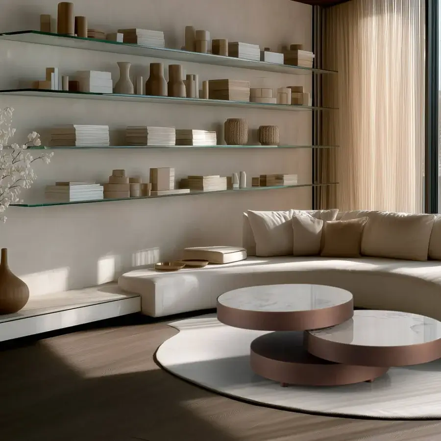 Elegant Naos Aurum round coffee table with reddish-brown painted frame and polished ceramic top embodying Italian design