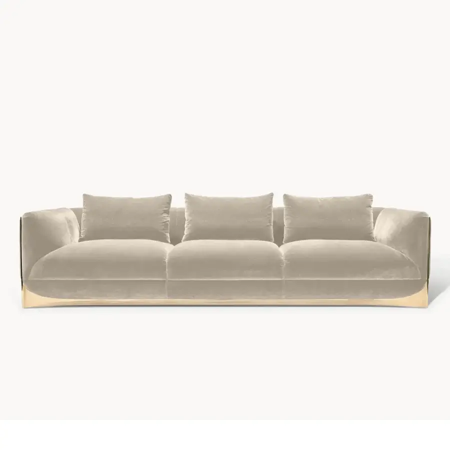 Captivating Visionnaire Ca’ Foscari sofa with plush neutral beige textile upholstery and polished gold-toned steel base