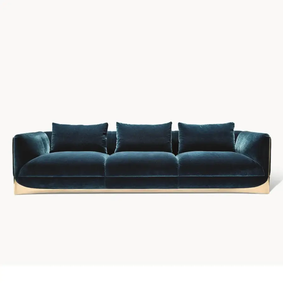 Distinguished Visionnaire Ca’ Foscari sofa with deep teal velvet upholstery and polished golden steel base