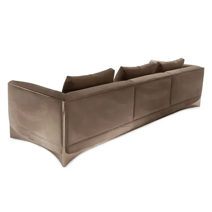 Superior Visionnaire Ca’ Foscari sofa with muted taupe leather upholstery and polished steel base