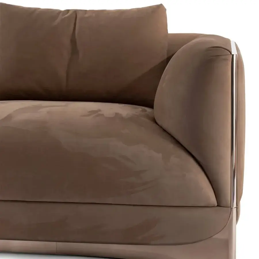 Harmonious Visionnaire Ca’ Foscari sofa with plush muted brown fabric upholstery and polished steel detailing