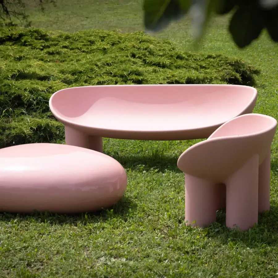 Superior Driade Roly Poly sofa crafted in muted pink polyethylene monoblock with glossy finish