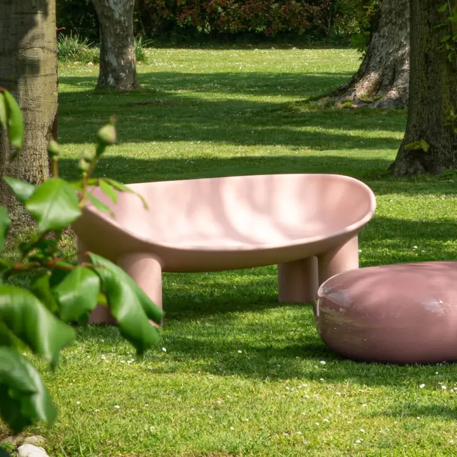 Superior Driade Roly Poly sofa with organically rounded form and matte muted rose polyethylene monoblock construction