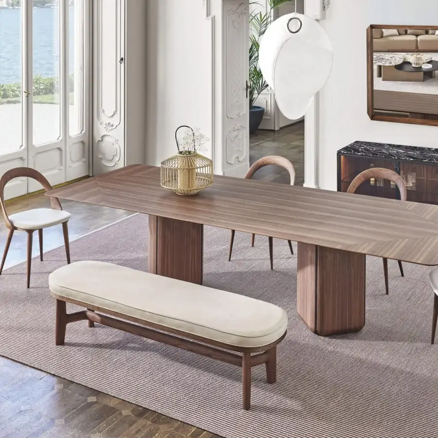 Superior Porada Bay rectangular table built with Canaletta walnut bases and greystained ash core with a satin sheen