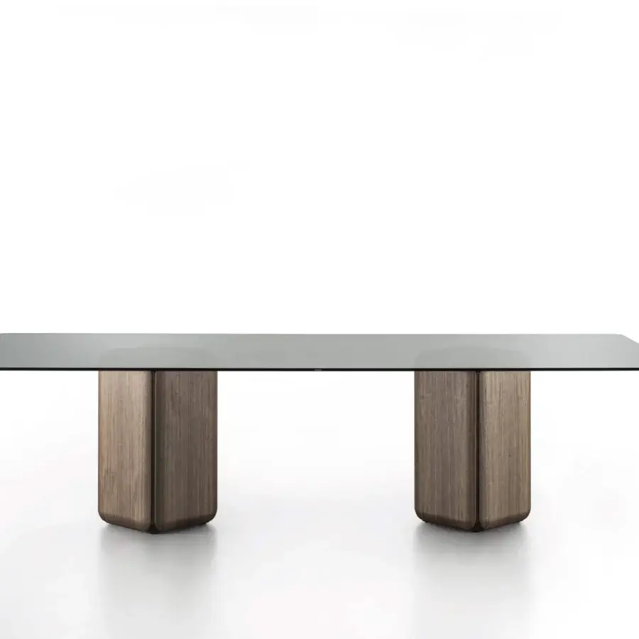 Distinguished Porada Bay rectangular table with transparent glass and Canaletta walnut bases crafted in greystained ash with a satin finish