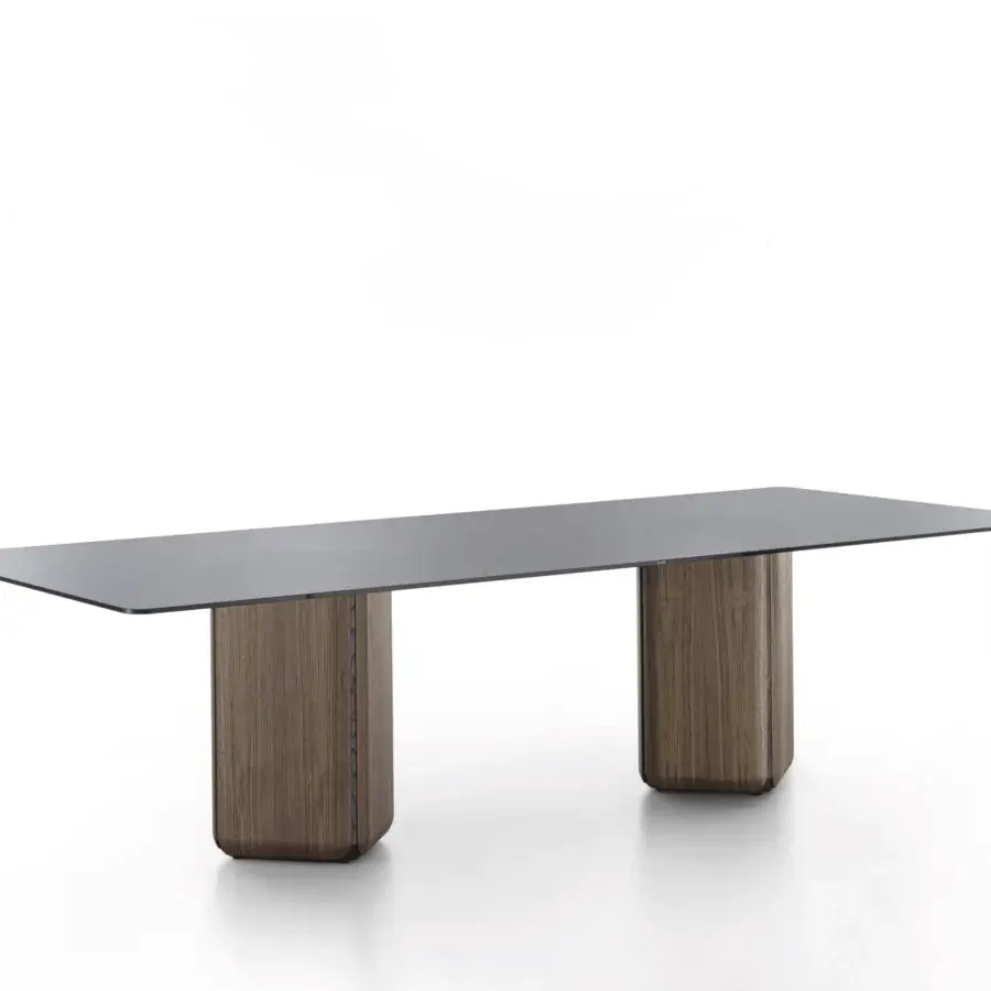 Exceptional Porada Bay rectangular table with tinted glass and Canaletta walnut bases built with greystained ash and concrete weights