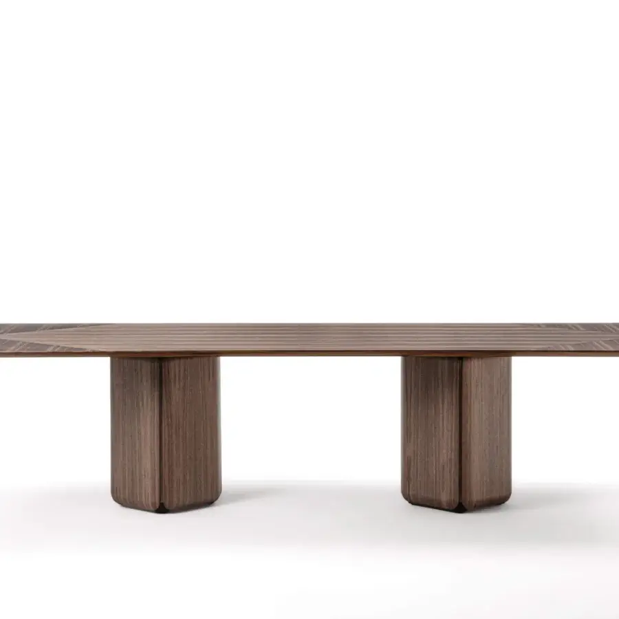 Distinguished Porada Bay rectangular table with medium-dark brown wood and Canaletta walnut bases in a satin finish