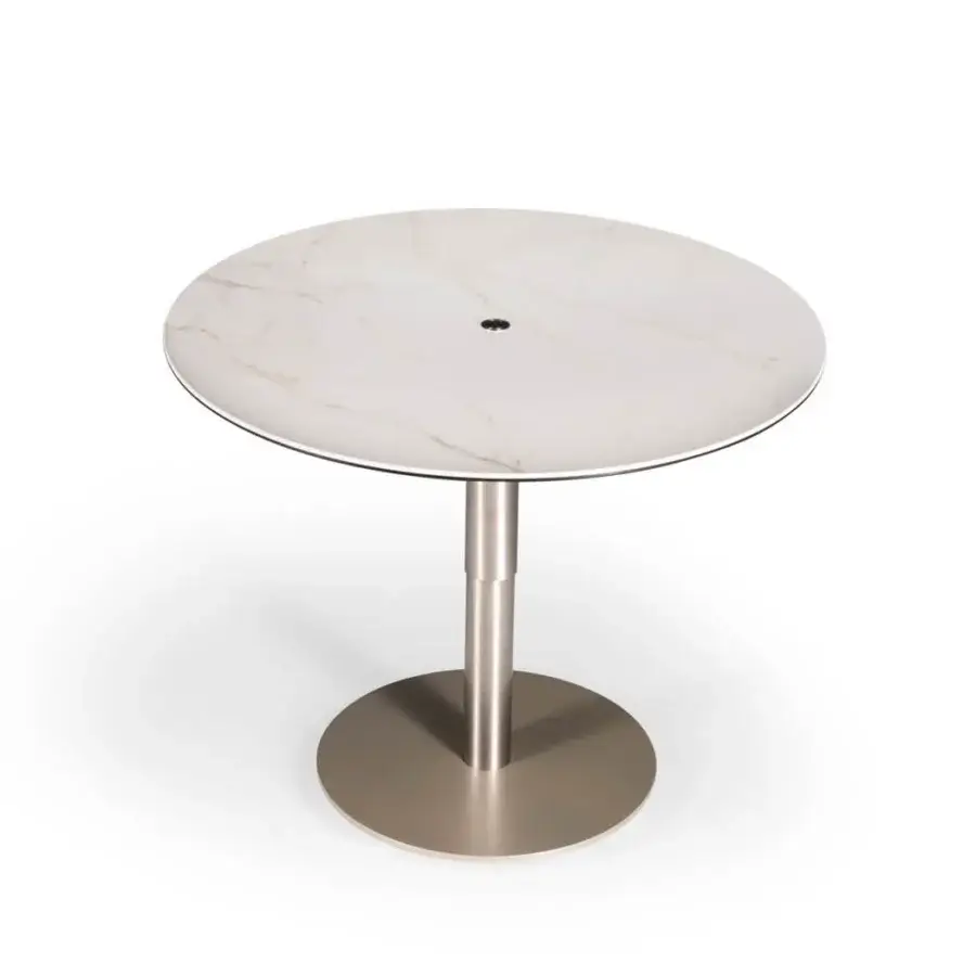 Exceptional Naos Liftix coffee table to dining table with white and grey marble-like ceramic top and satin nickel adjustable column