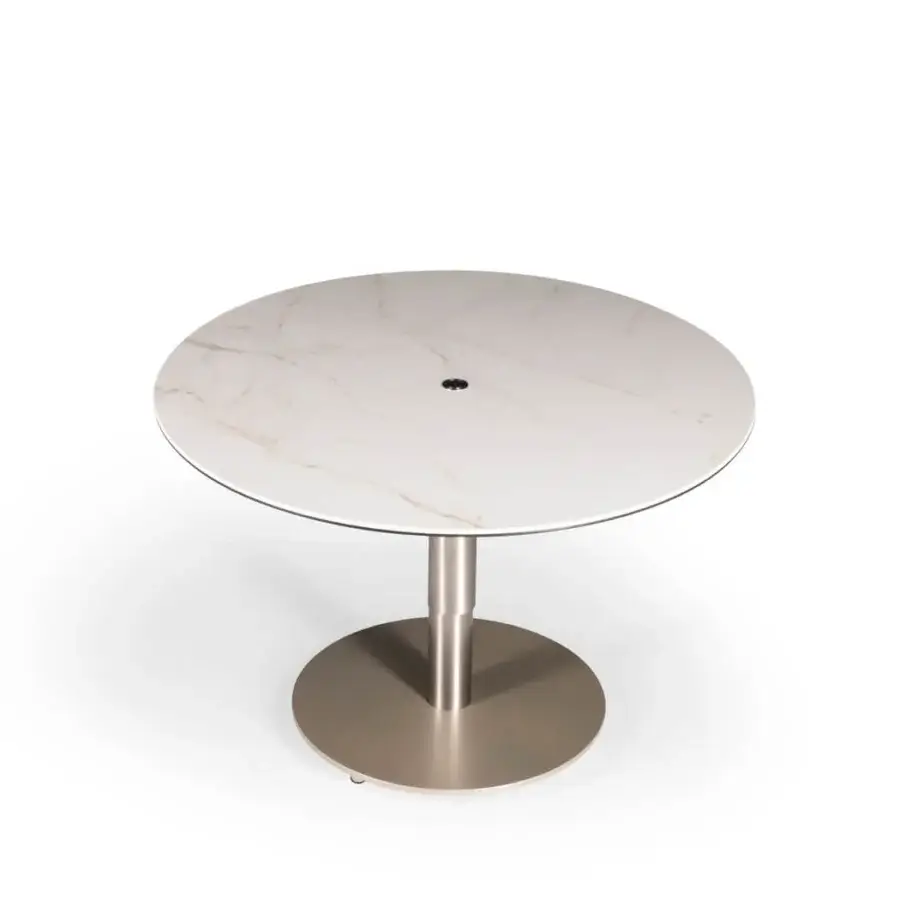 Distinguished Naos Liftix coffee table to dining table with white and gray marble-like ceramic and warm gray satin nickel pedestal base