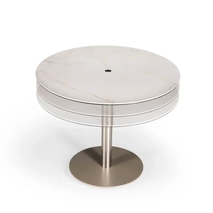 Stunning Naos Liftix coffee table to dining table with white ceramic and gray veining in a glossy finish and satin nickel support