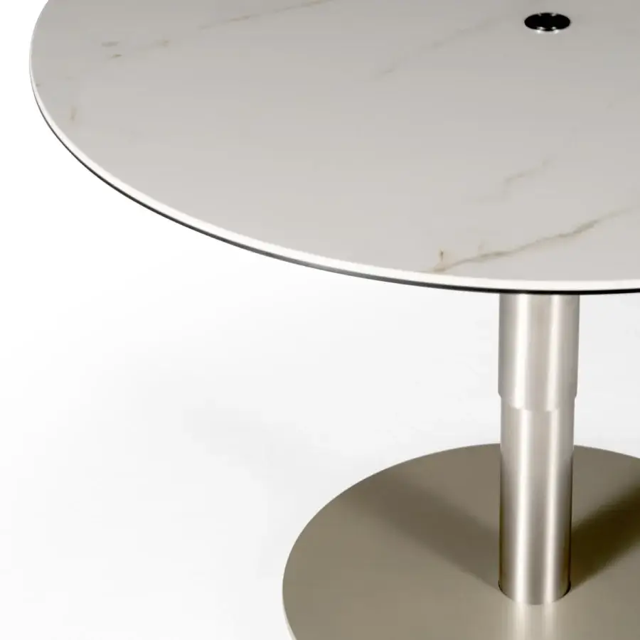 Superior Naos Liftix coffee table to dining table with white and pale gold ceramic and satin nickel base crafted in a polished finish