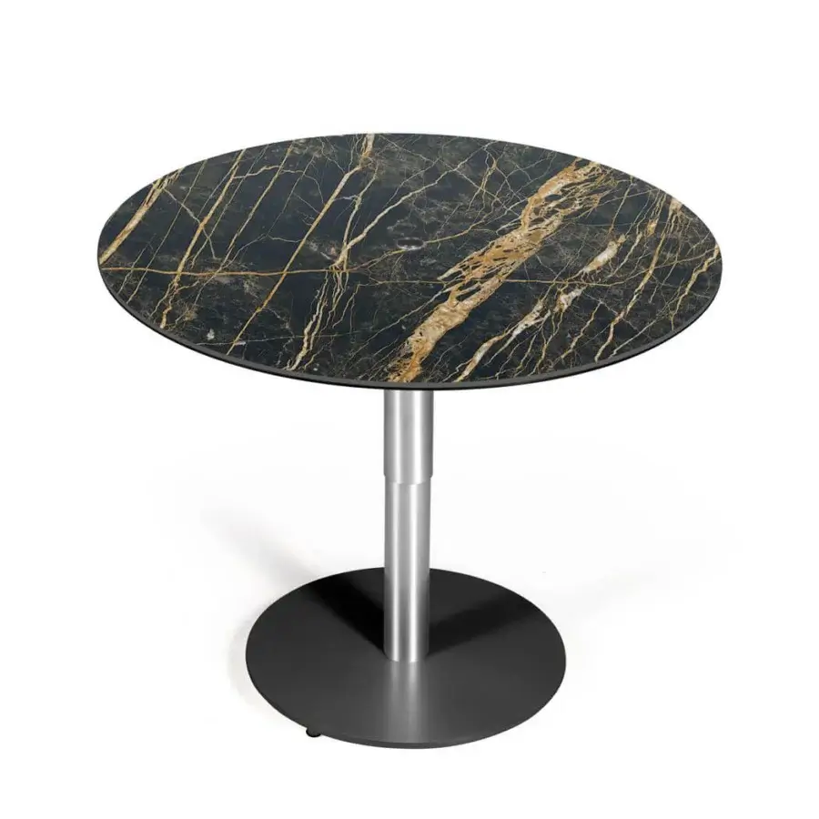 Distinguished Naos Liftix coffee table to dining table with golden veined ceramic and matte dark gray metal pedestal base crafted in a polished finish