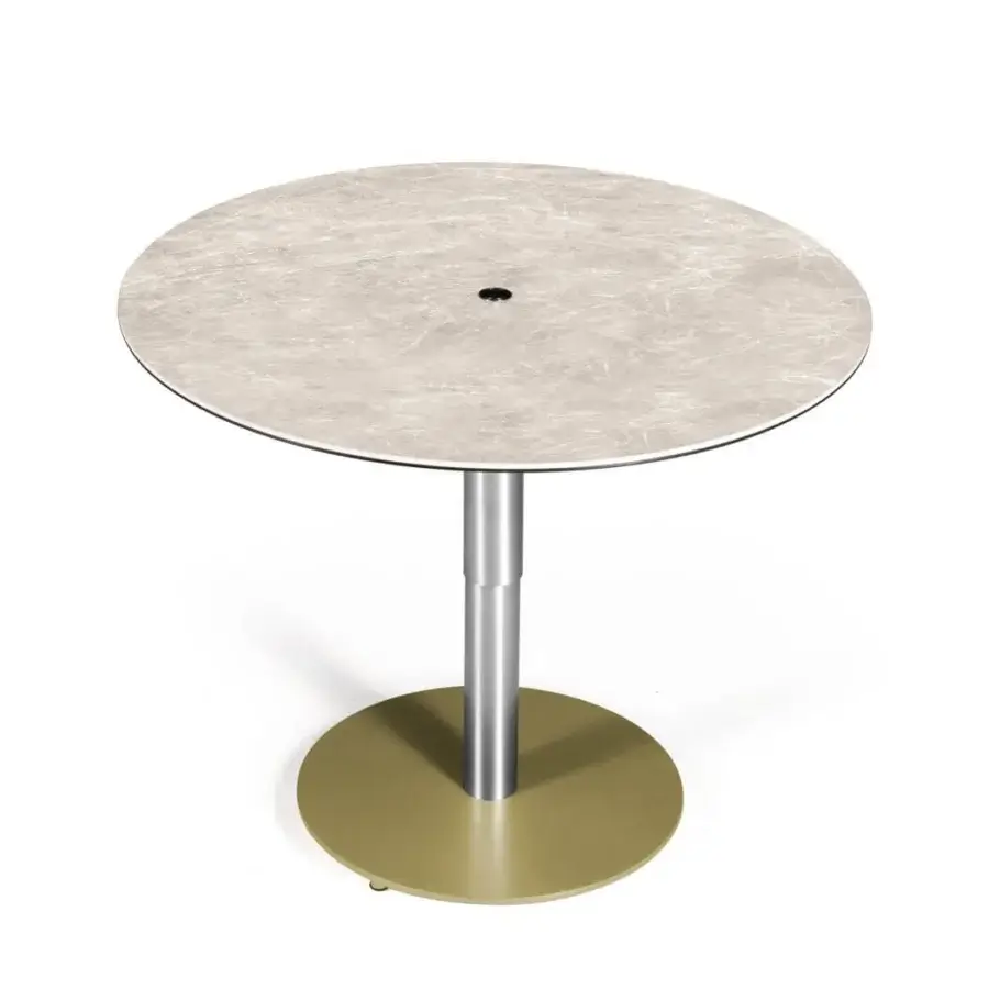 Exceptional Naos Liftix coffee table to dining table with light grey marbled ceramic and muted olive-green sculptural base with satin nickel column