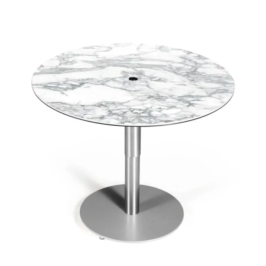 Exclusive Naos Liftix coffee table to dining table with white marble and grey veined ceramic top in satin nickel finish