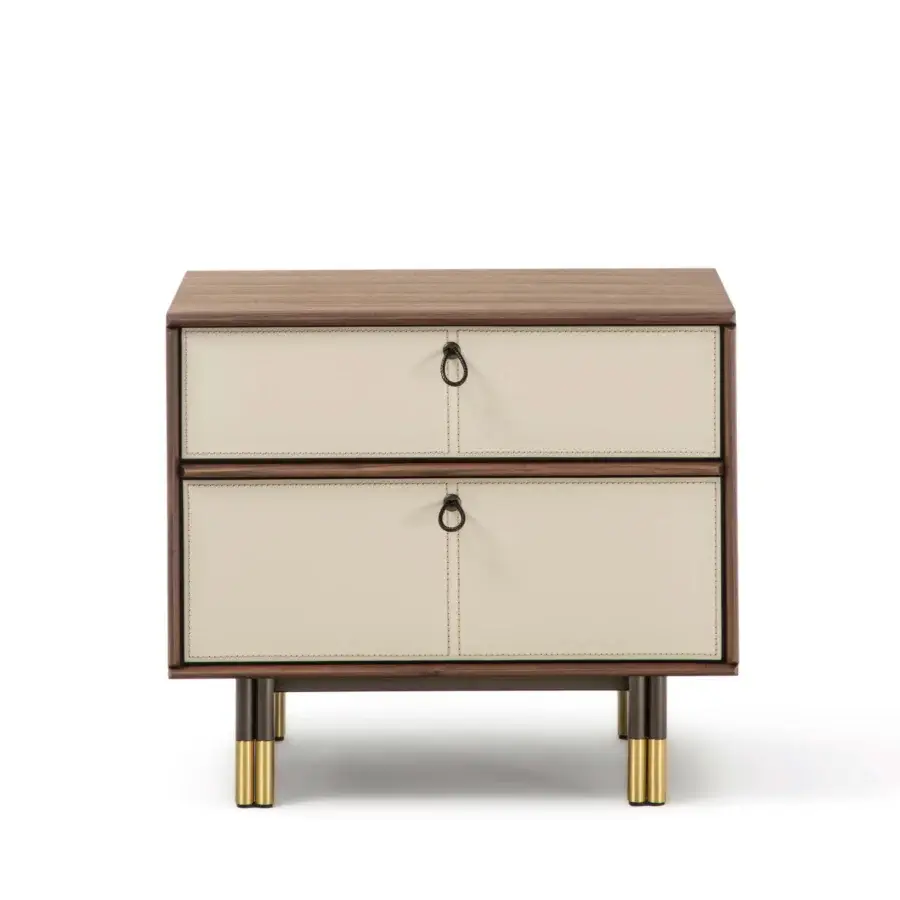 Meticulous Porada Bayus Night nightstand crafted with Canaletta walnut edges and off-white braided leather drawer fronts with a brushed brass base