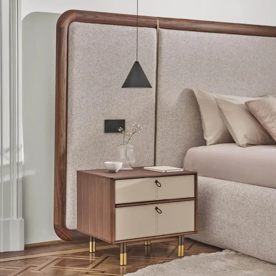 Distinguished Porada Bayus Night nightstand built with Canaletta walnut and braided leather handles upon a brushed brass metal base