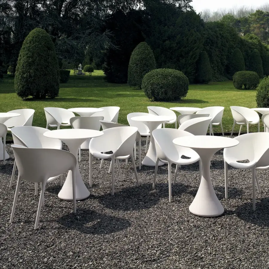 Elegant Driade Kissi Kissi Bistrot table crafted in white polyethylene with a smooth matte finish and hourglass silhouette