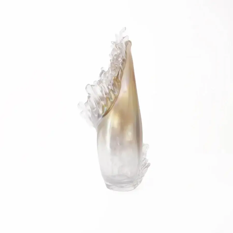 Elegant Wave Murano Glass Plume vase in pale neutral glass shifting to golden hues with *Iride* finish crafted in Italy