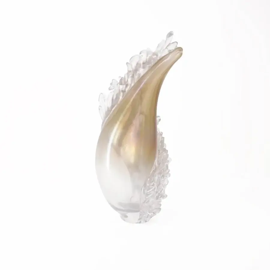 Lavish Wave Murano Glass Plume vase crafted in iridescent gold transitioning to clear glass with feather-like decorations and glossy surface