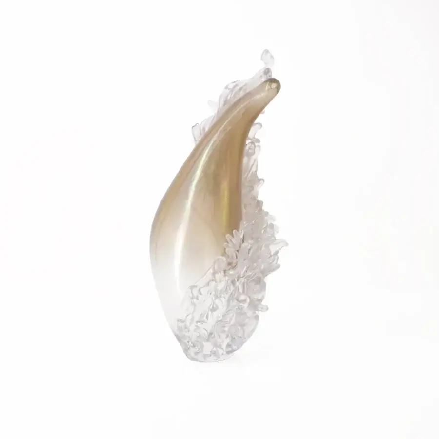 Distinguished Wave Murano Glass Plume vase in translucent glass with golden hue and iridescent finish crafted with delicate detail