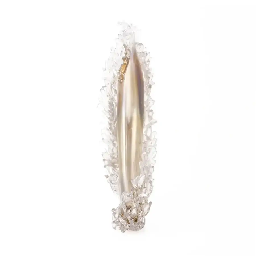 Superior Wave Murano Glass Plume vase in aquamarine glass with iridescent sheen and delicate feather-like decoration