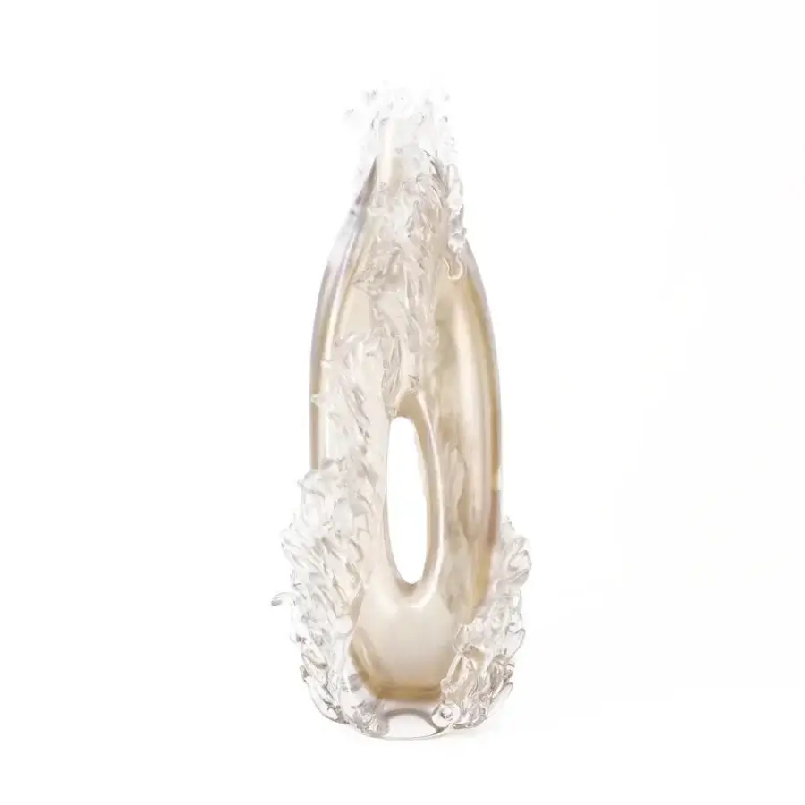 Elegant Wave Murano Glass Plume vase in pale amber glass with iridescent finish showcasing feather-like decoration and shifting opalescent effects