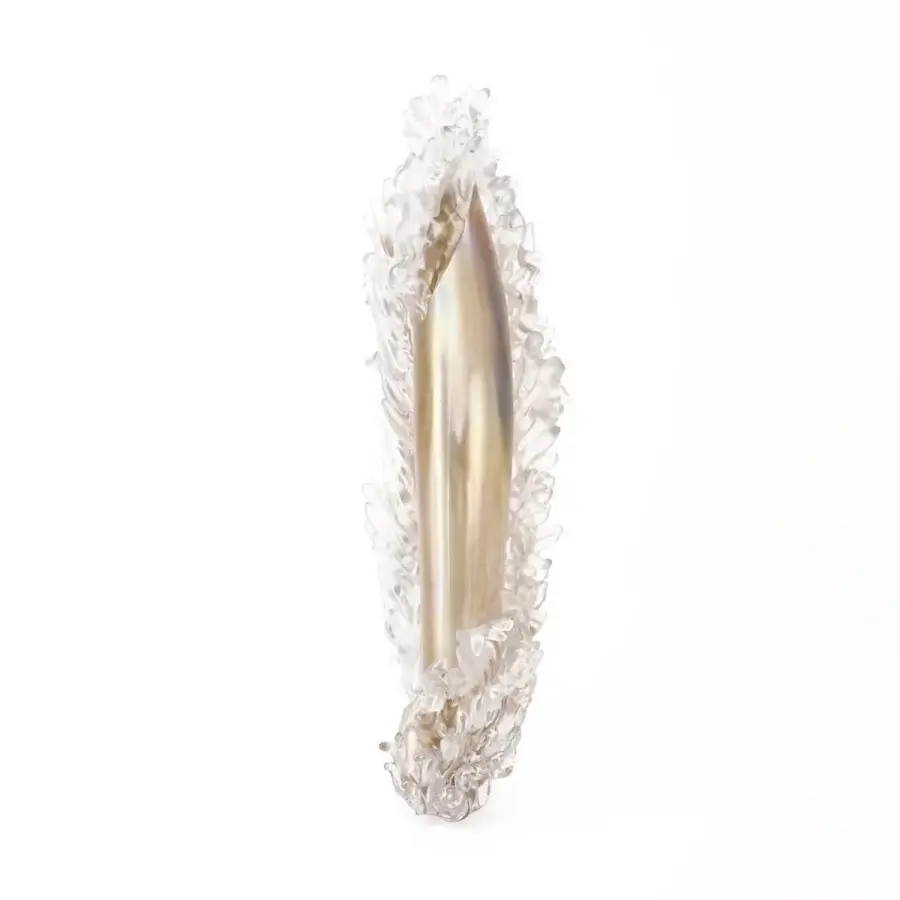 Distinguished Wave Murano Glass Plume vase crafted in aquamarine glass with subtle white to beige gradient and delicate fringed texture