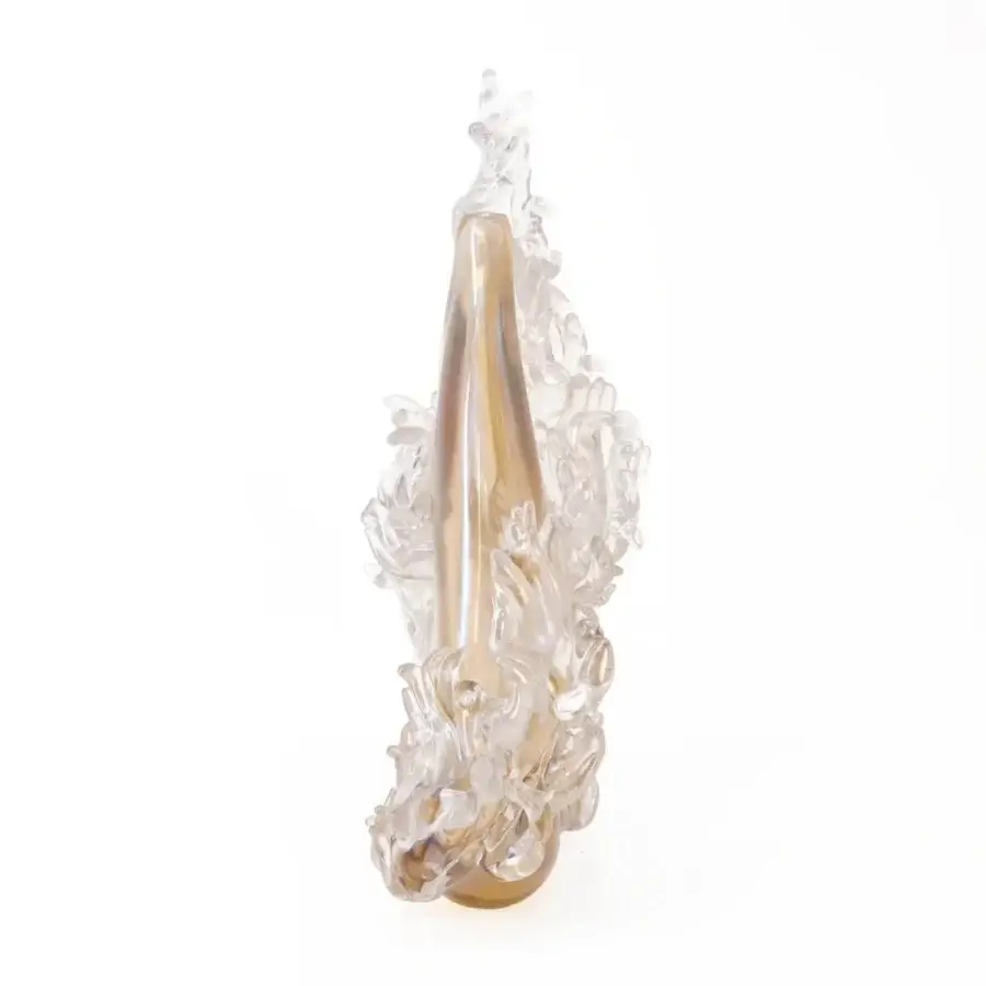 Superior Wave Murano Glass Plume vase crafted in translucent amber iridescent Iride glass with glossy flame-like extensions