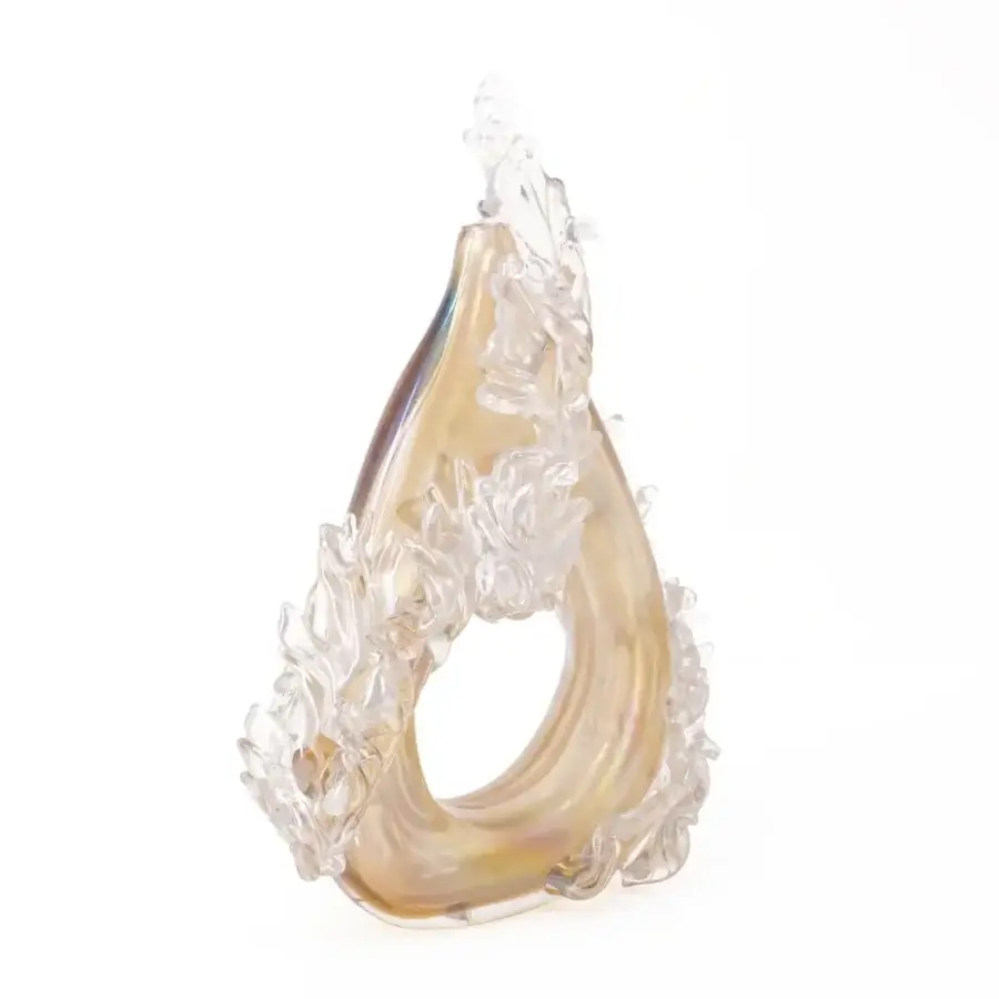 Elegant Wave Murano Glass Plume vase crafted in translucent amber iridescent glass with feather-like decoration and subtle sheens
