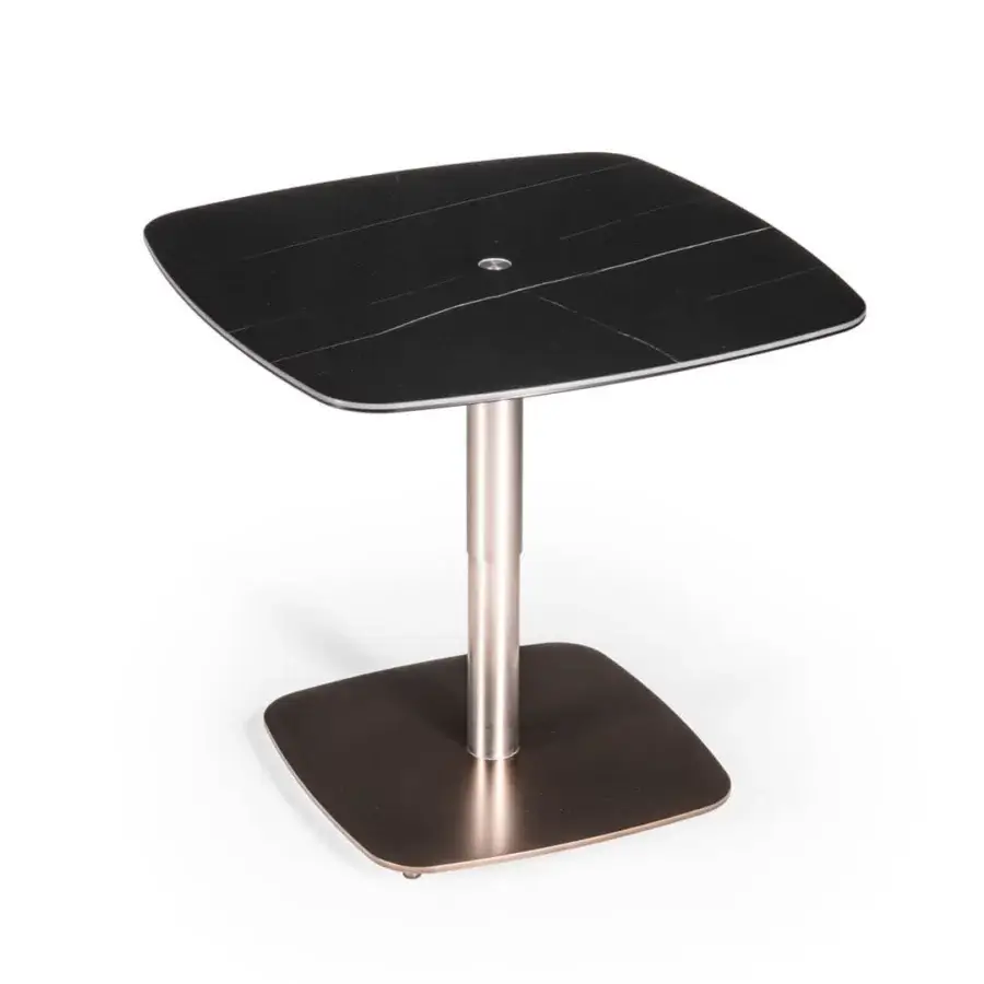 Exclusive Naos Liftix coffee table to dining table with dark ceramic top and satin nickel sculptural base