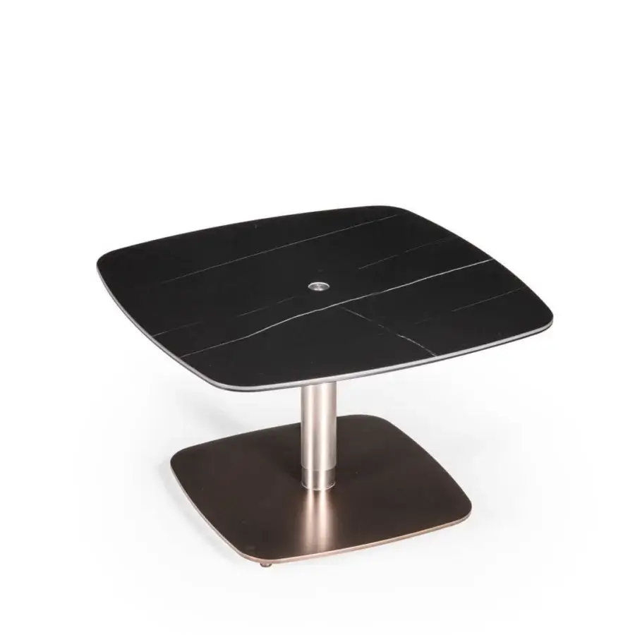 Exceptional Naos Liftix coffee table to dining table with dark wood-grain ceramic top and satin nickel adjustable support built with a smooth matte finish