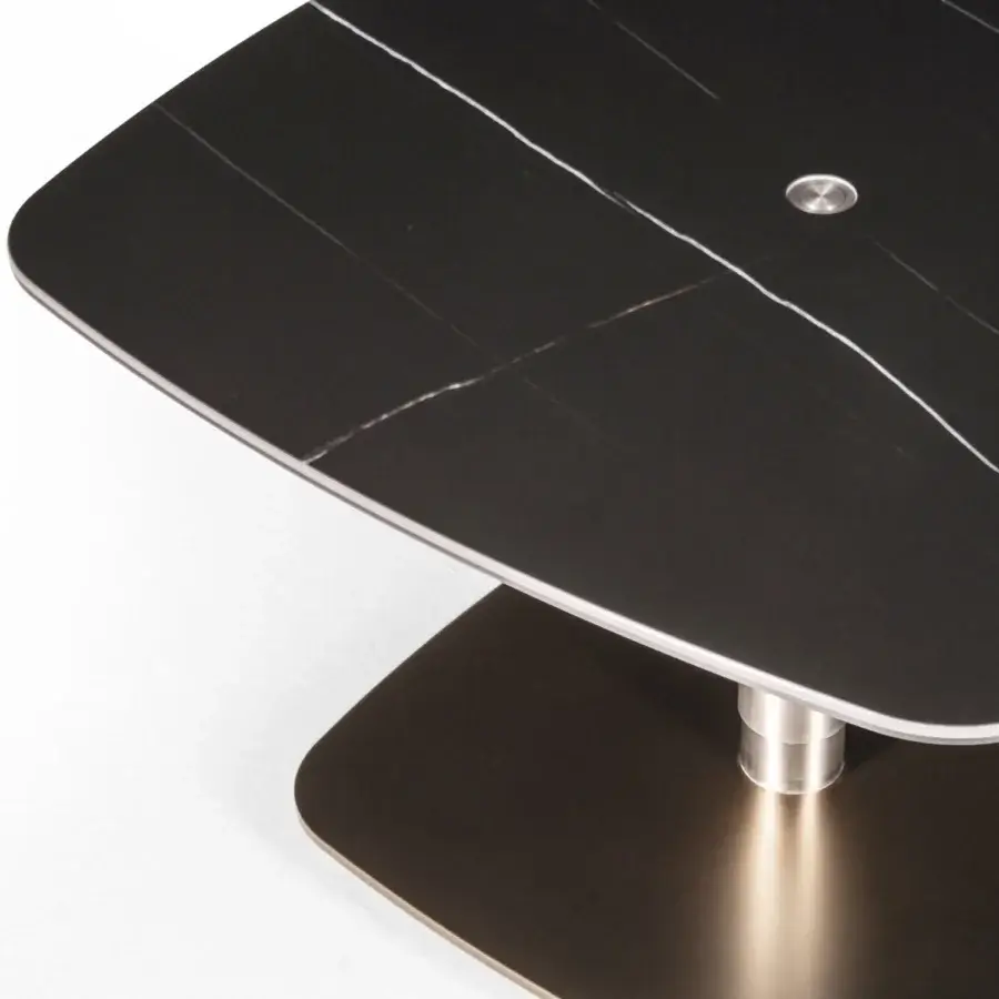 Superior Naos Liftix coffee table to dining table with dark marble-like veining in ceramic and satin nickel finish