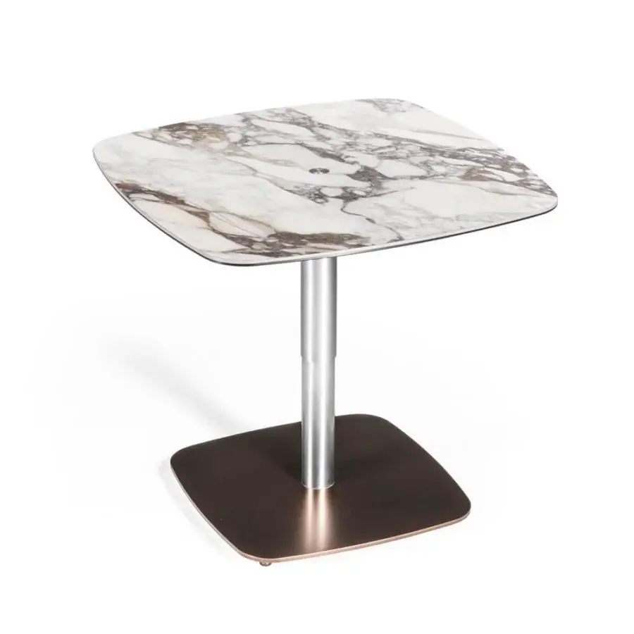 Elegant Naos Liftix coffee table to dining table with white marble-effect ceramic and satin nickel adjustable support built with a bronze-toned base