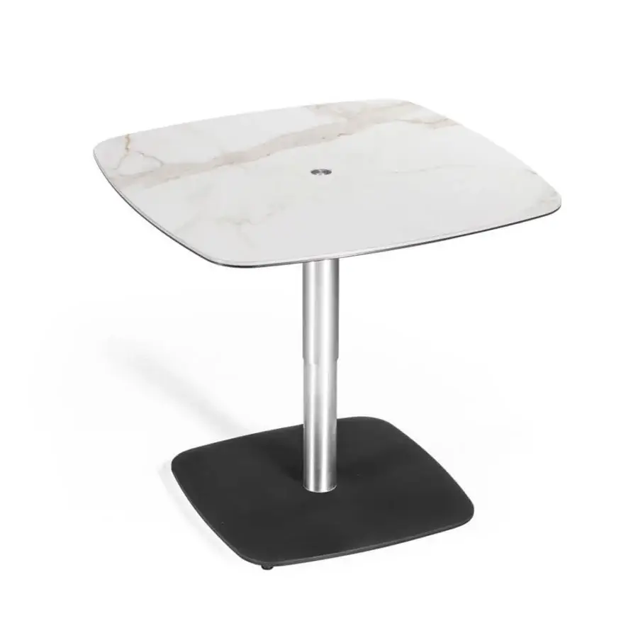 Distinguished Naos Liftix coffee table to dining table with white and grey marble-like ceramic top and satin nickel adjustable column built with a dark matte black base