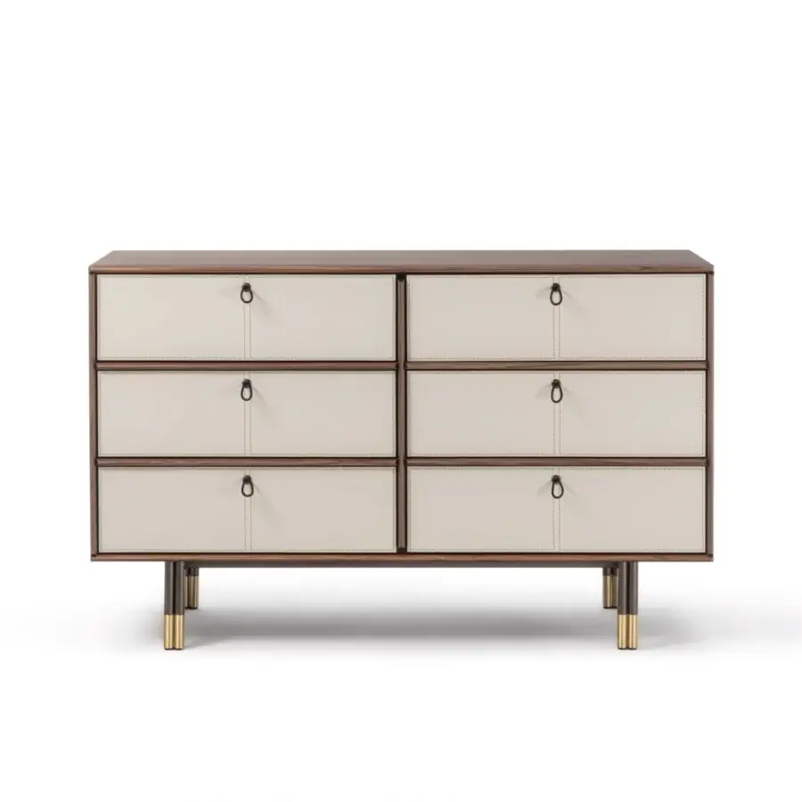 Distinguished Porada Bayus Night 6 dresser built with Canaletta walnut in satin finish and accented with scoubidou leather handles