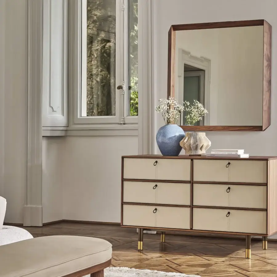 Superior Porada Bayus Night 6 dresser crafted with Canaletta walnut and warm beige drawers in satin finish