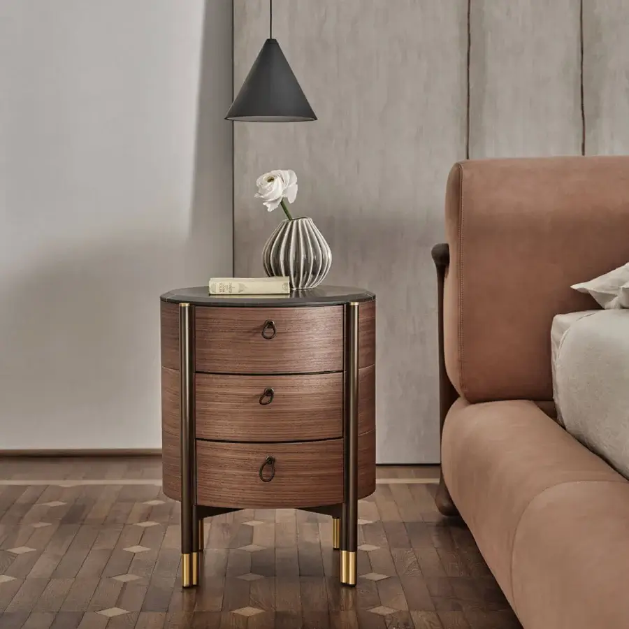Lavish Porada Bayus Tondo nightstand crafted in Canaletta walnut with dark scoubidou leather handles and satin finish