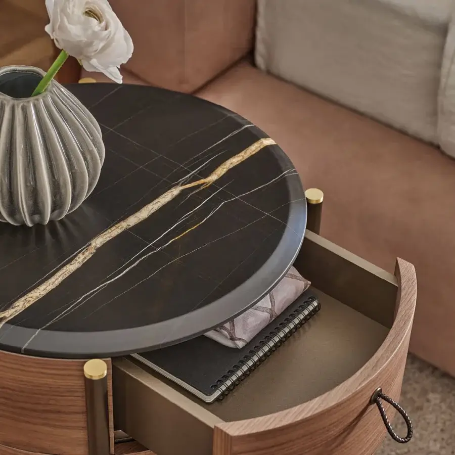 Distinguished Porada Bayus Tondo nightstand built in Canaletta walnut with dark stone top and scoubidou leather handles